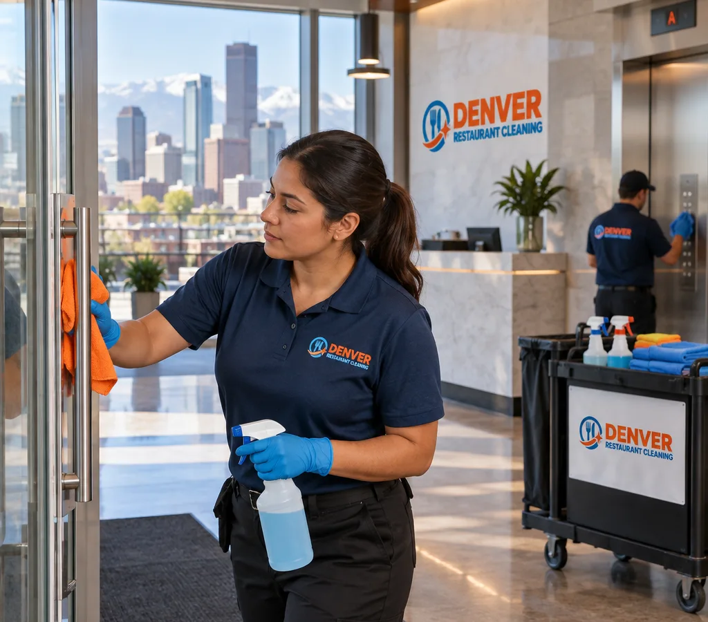 Professional cleaner disinfecting high-touch points in a modern Denver office lobby
