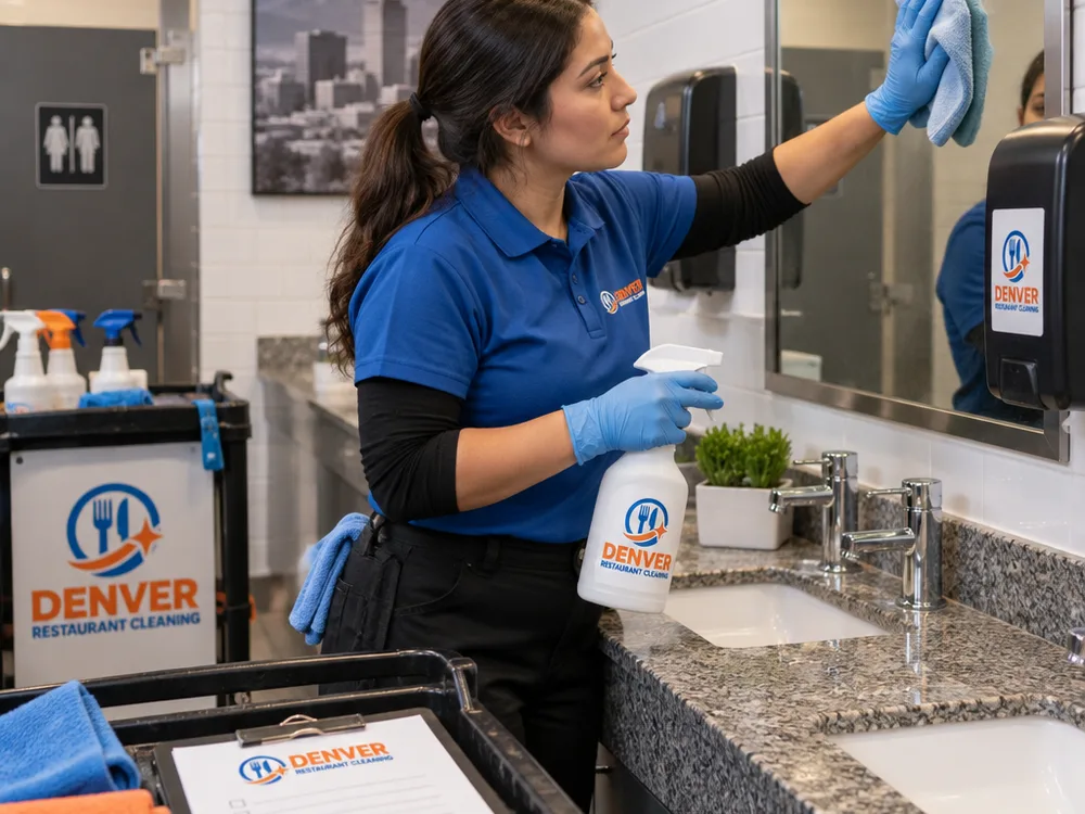 Cleaner restocking dispensers and sanitizing fixtures in a commercial restroom