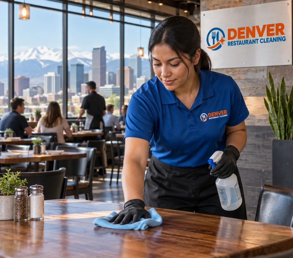 Restaurant cleaning crew member sanitizing front-of-house tables and high-touch points in a Denver restaurant