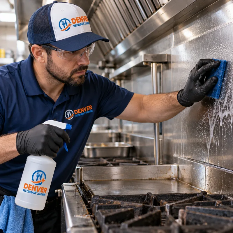 Technician cleaning greasy stainless steel around a commercial range with food-safe degreaser, non-scratch tools, and PPE