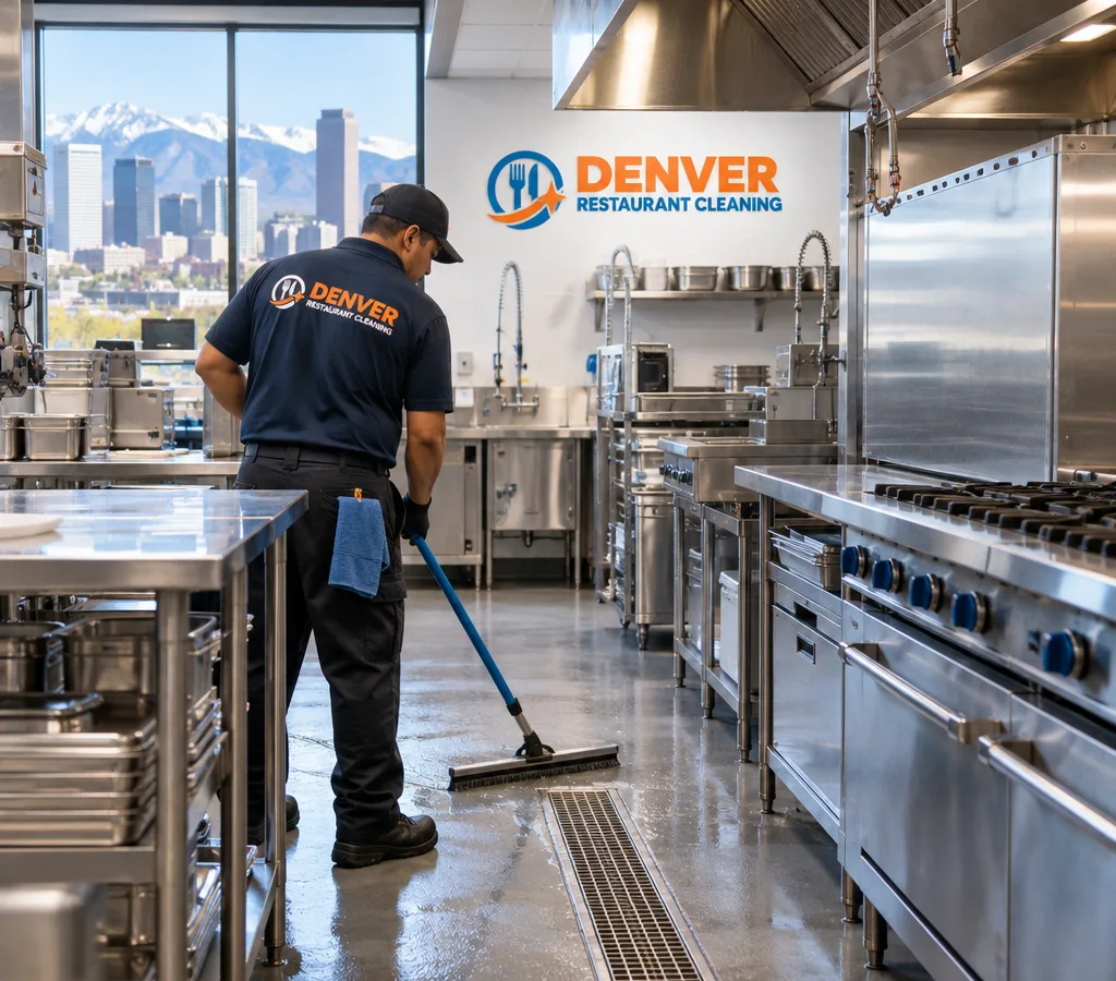 Spotless commercial restaurant kitchen with stainless prep tables, floor drains, hood line, and clean cookline surfaces
