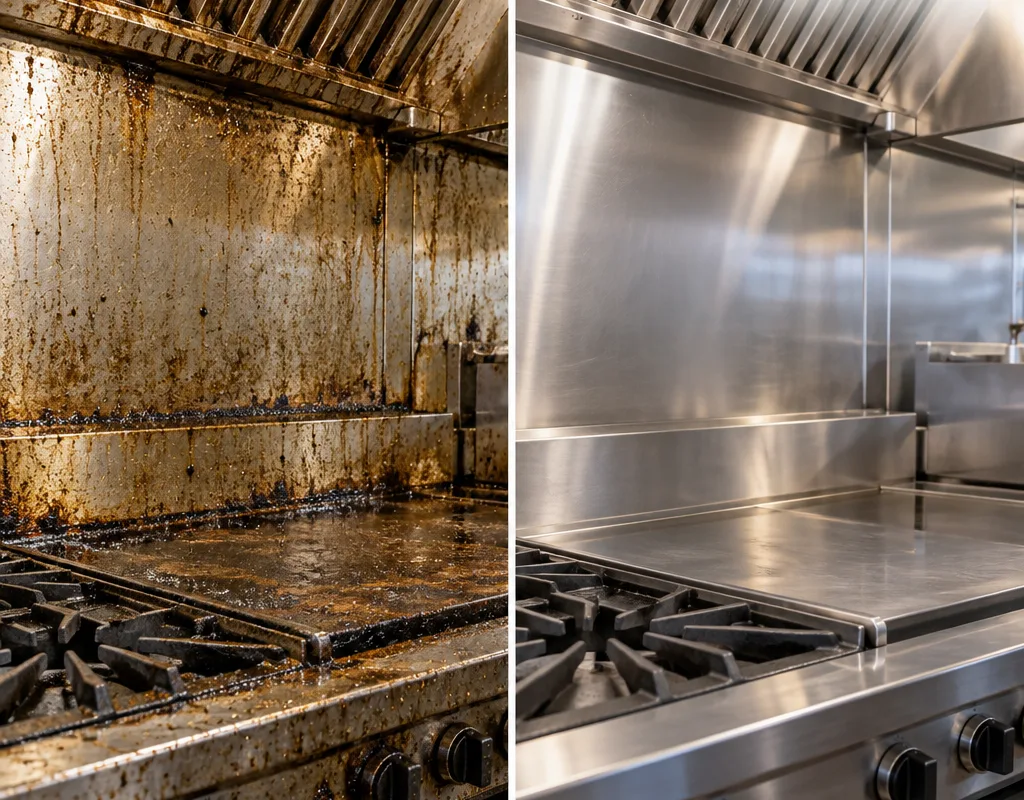 Before-and-after view of grease removed from a commercial range line exterior and stainless backsplash