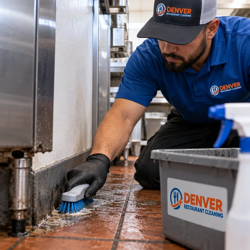 Technician detail-cleaning cove base and the floor-wall junction behind commercial kitchen equipment
