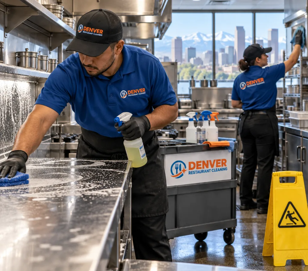 Commercial kitchen crew deep cleaning a stainless prep line and backsplash with degreasing tools and wet-floor signage