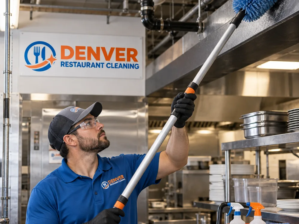 Technician high dusting overhead ledges and pipe runs above a commercial prep area