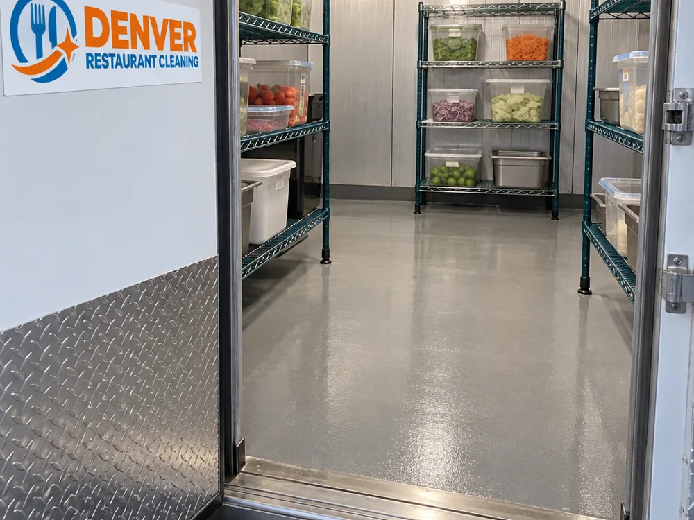 Cleaned walk-in cooler floor, shelving legs, detailed corners, and debris-free threshold