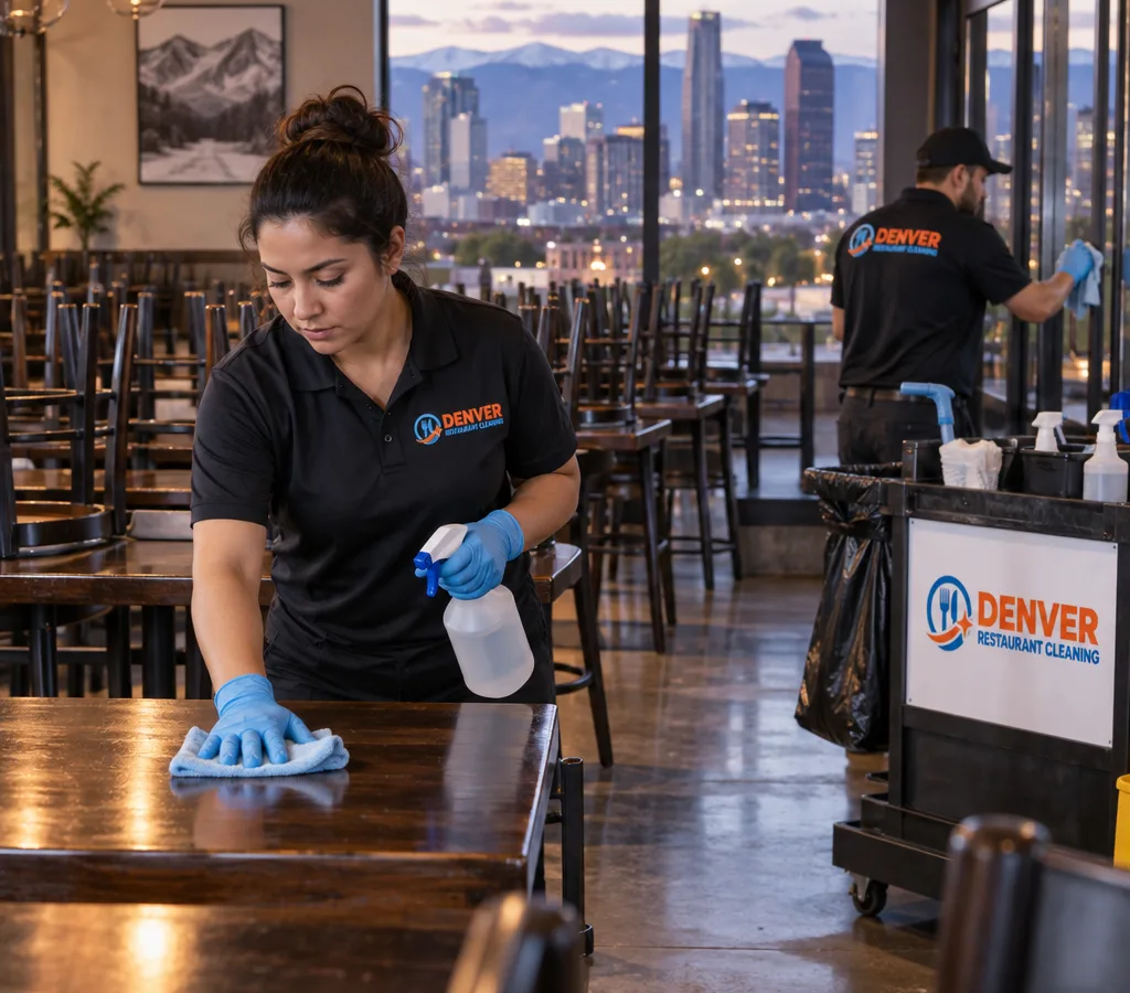 After-hours restaurant cleaning crew wiping dining tables and sanitizing high-touch surfaces in a Denver dining room