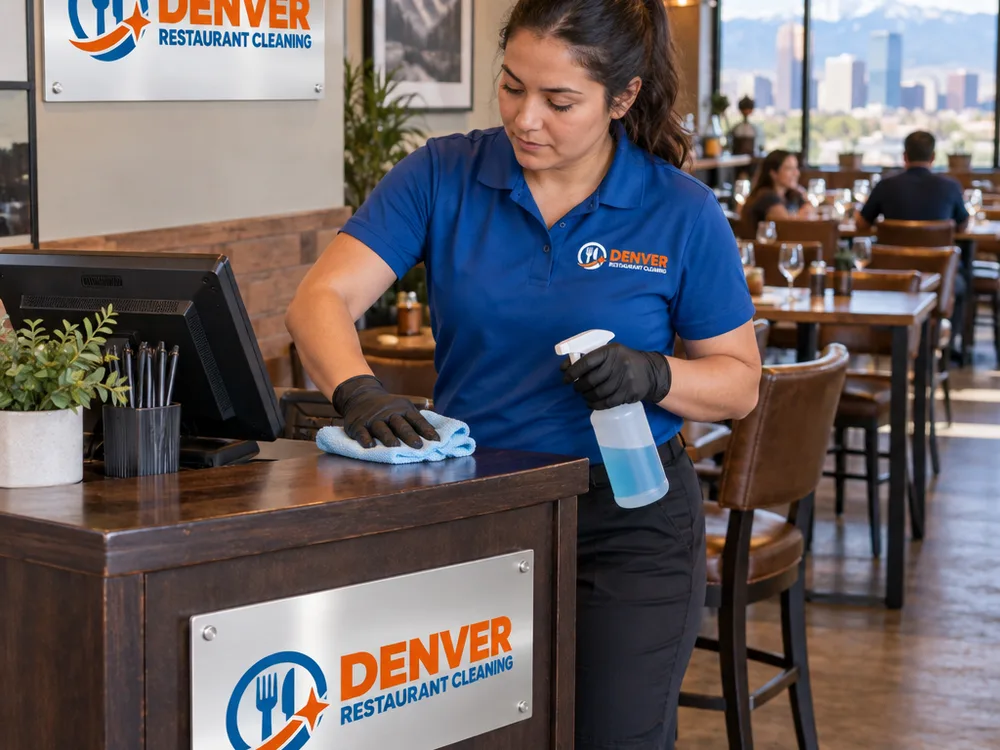 Cleaner detailing a restaurant host stand with dining room seating in the background
