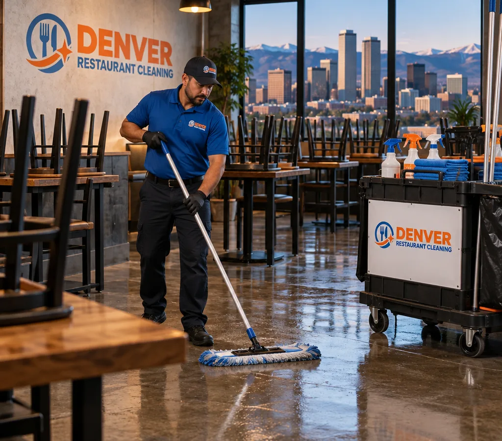 Denver restaurant dining room after hours with chairs raised, freshly mopped floors, and a cleaning cart ready for overnight service