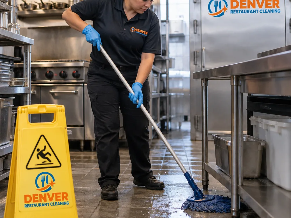 Cleaner mopping a commercial kitchen floor after close near a wet-floor sign and detailing grease-prone areas beneath equipment