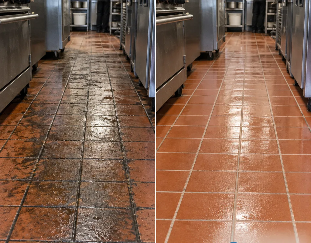 Before-and-after restaurant quarry tile showing greasy traffic lanes and restored grout