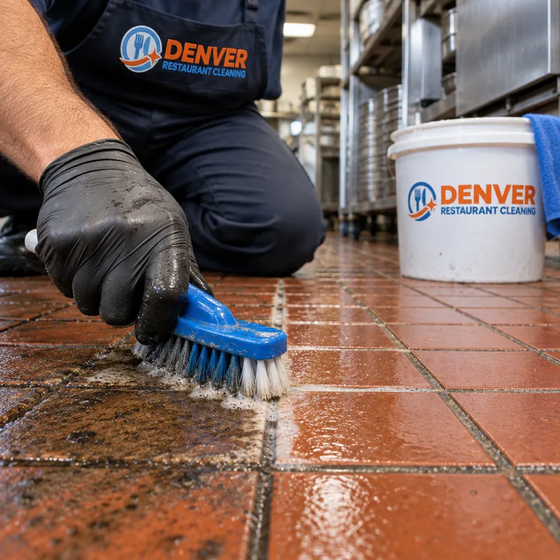 Commercial quarry tile grout being scrubbed beside a visibly cleaned section