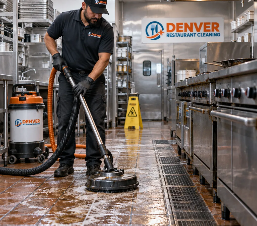 Technician cleaning greasy restaurant kitchen tile with a low-foam scrubber and wet vacuum