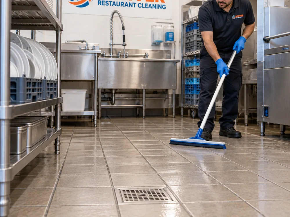 Cleaned restaurant dish area floor with visible grout and reduced drain residue