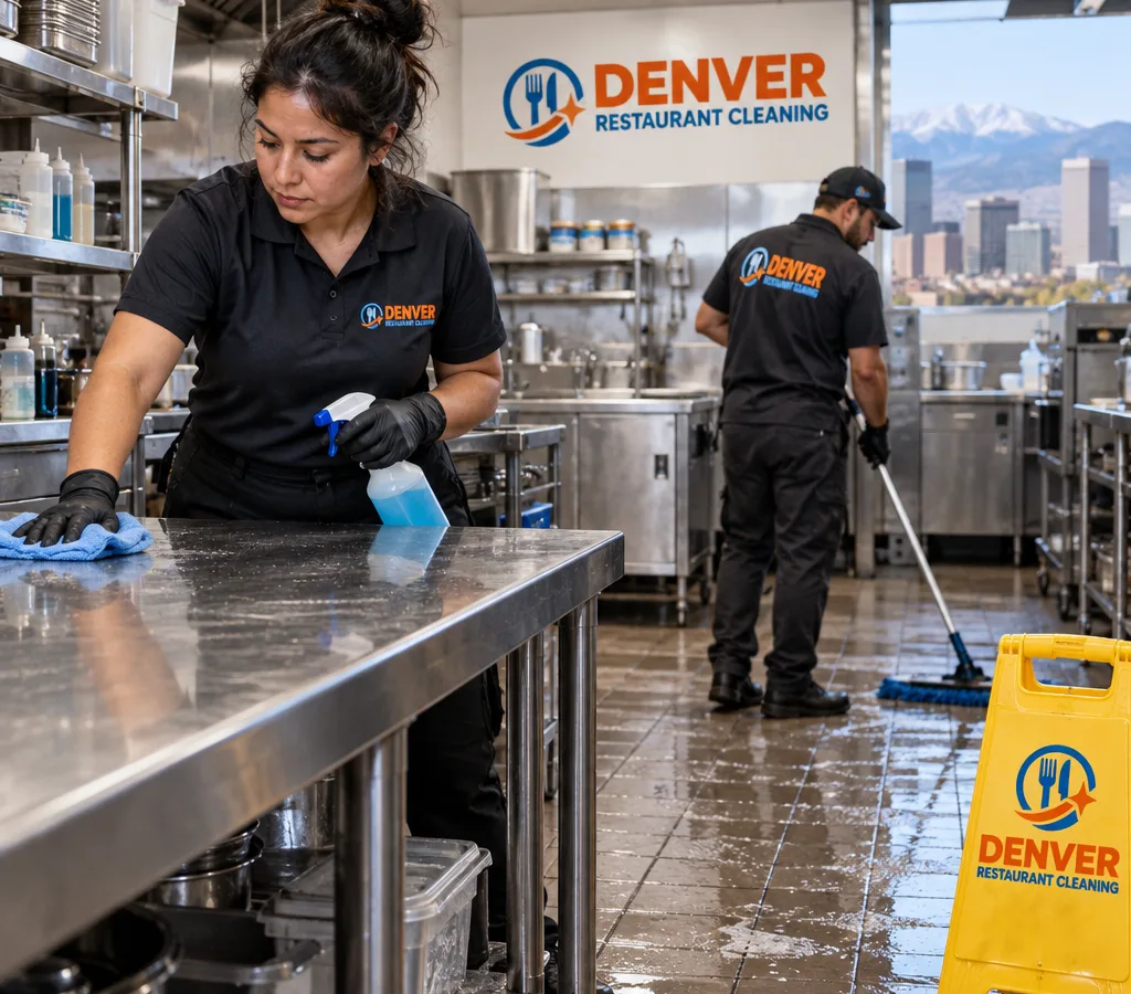 Commercial kitchen crew cleaning stainless prep tables and tile floors after close with degreasing tools and wet floor signage