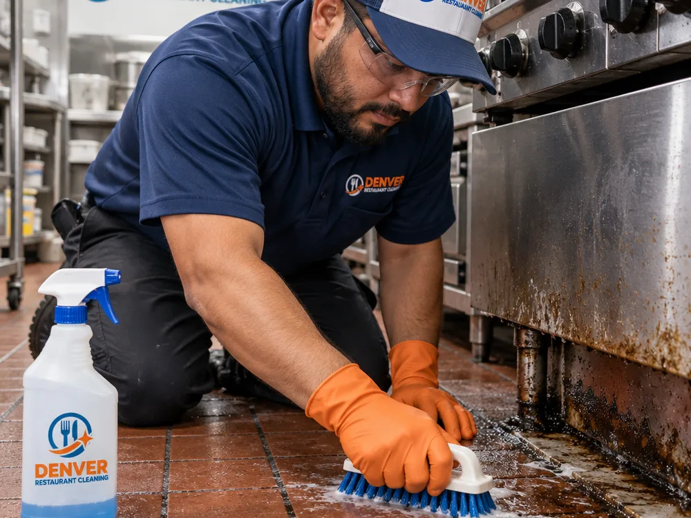 Technician hand-scrubbing grease buildup from quarry tile grout near a commercial range while wearing appropriate PPE