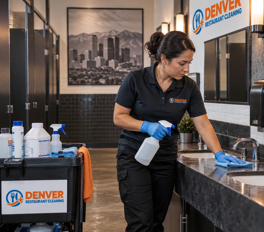 Professional cleaner disinfecting a restaurant restroom sink and counter with disinfectant supplies nearby