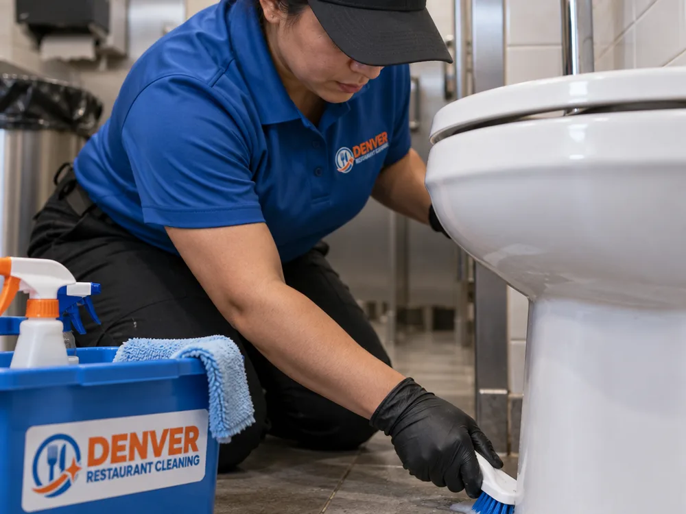Gloved technician cleaning a toilet base and floor edge with a detail brush