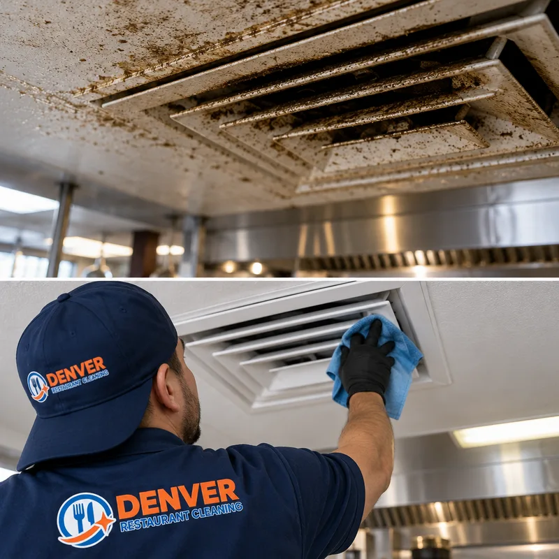 Greasy dust buildup on an HVAC diffuser and nearby ceiling beside a cleaned surface