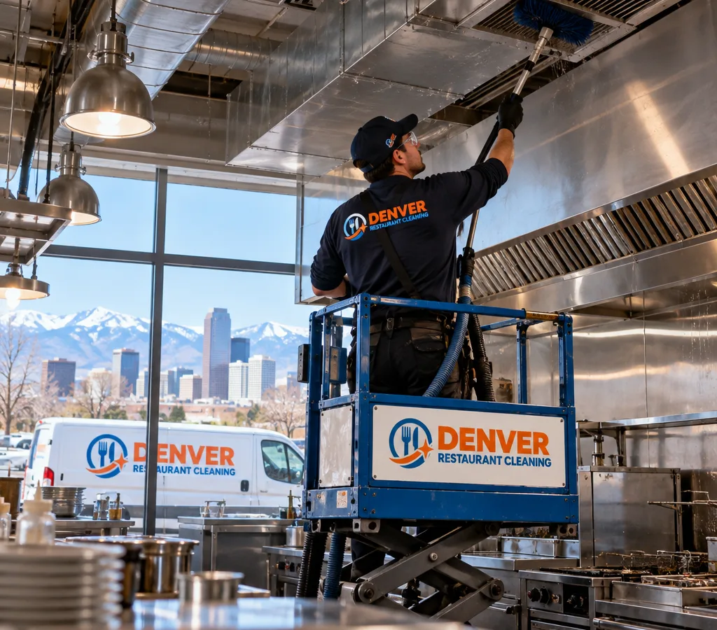 Technician using a lift to high dust a restaurant kitchen ceiling around ductwork, lights, and vents