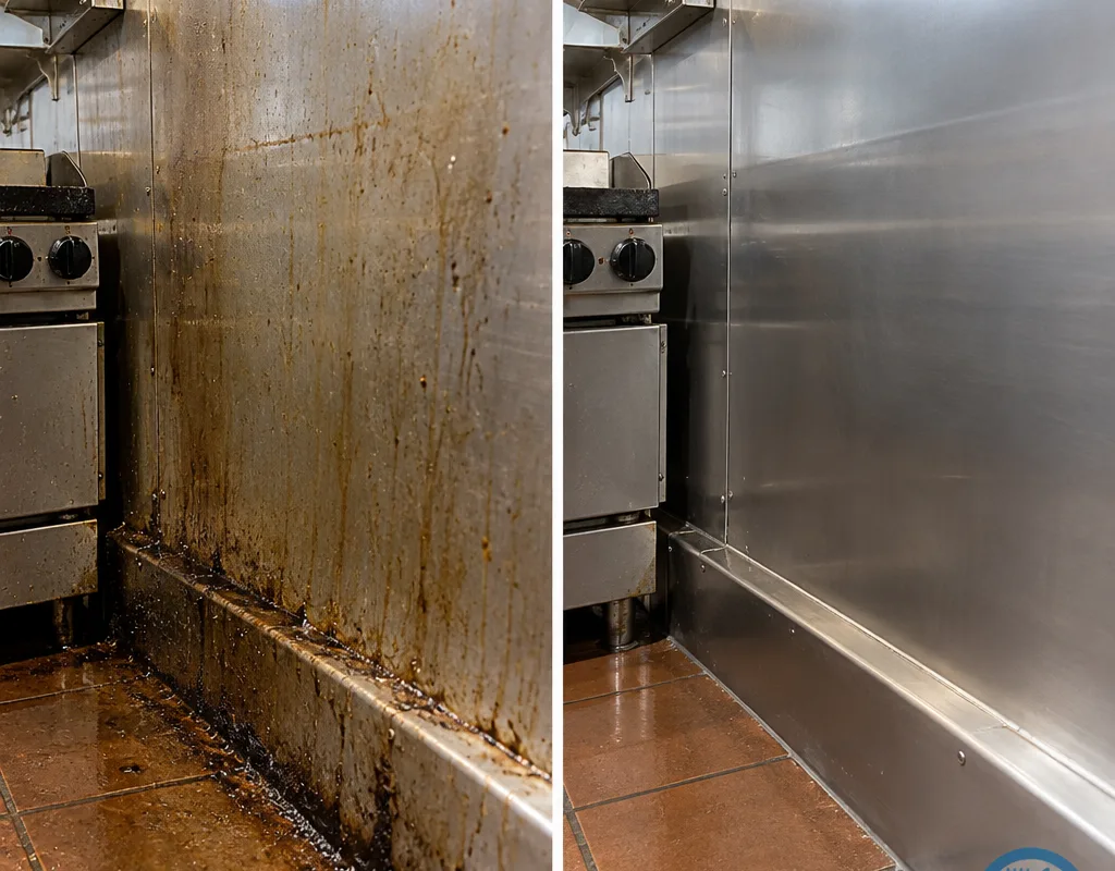 Before-and-after view of a greasy cookline wall and base cove after degreasing