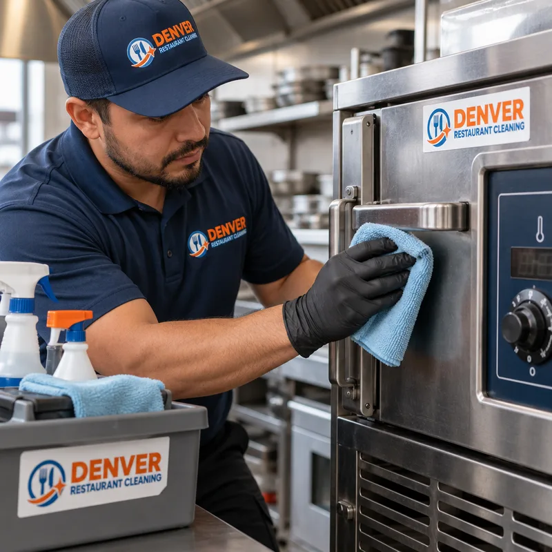 Technician detailing a commercial oven exterior and control panel with supplies staged nearby