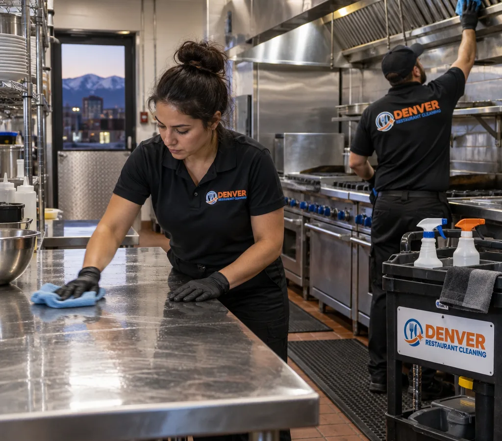 After-hours commercial kitchen crew detailing stainless prep tables and an Arvada restaurant cookline