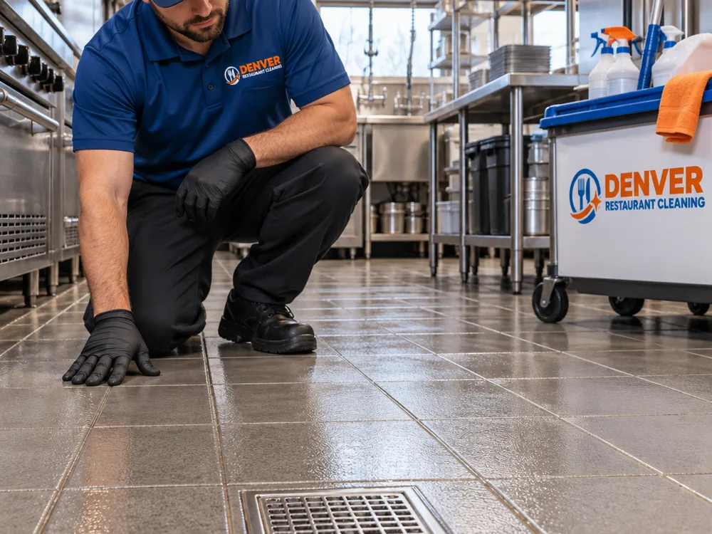 Clean commercial kitchen floor with scrubbed grout lines and a detailed floor drain area