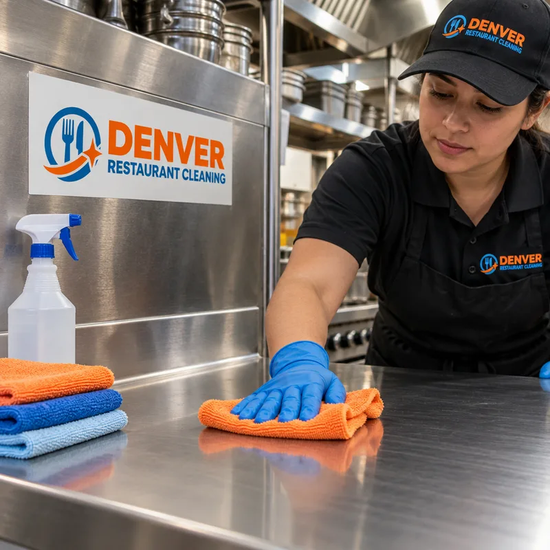 Sanitized stainless prep table and backsplash with color-coded cloths and food-safe sanitizer