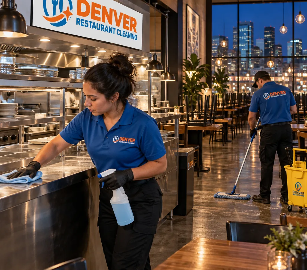 Professional crew cleaning an after-hours Westminster restaurant dining room and open-kitchen pass area