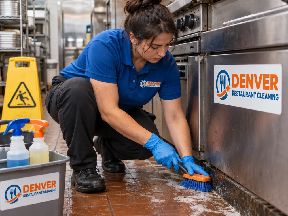 Cleaner scrubbing a commercial kitchen floor edge and baseboard near a Westminster restaurant cook line