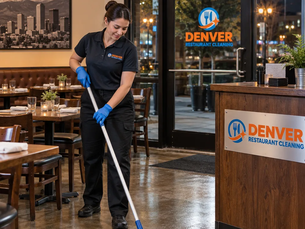 After-hours restaurant dining room with reset chairs, mopped floors, clean entry glass, and wiped host stand