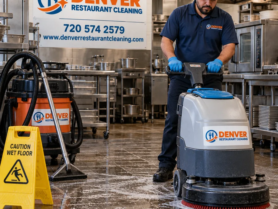 Crew member staging wet-floor signage and a cleaning cart for safe after-hours restaurant cleaning
