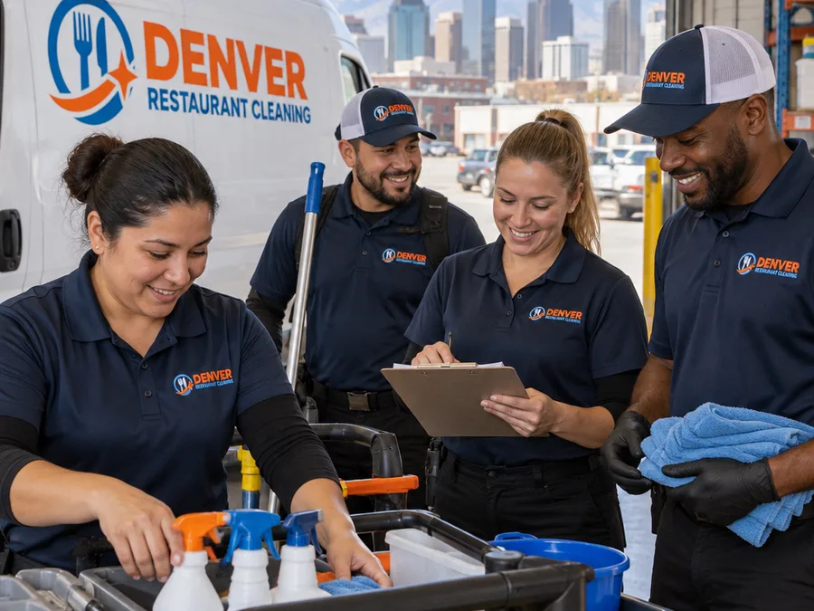 Uniformed commercial cleaning team staging supplies and checklists at a Denver facility