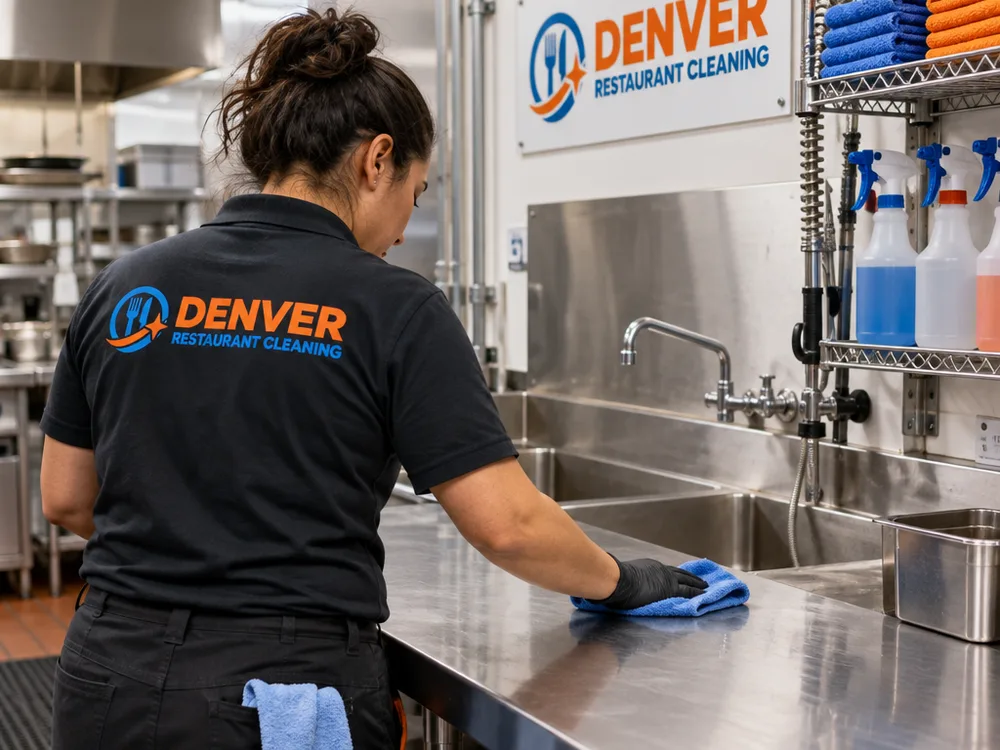 Cleaner detailing stainless prep tables, a hand sink, and wall splash zone in a restaurant kitchen